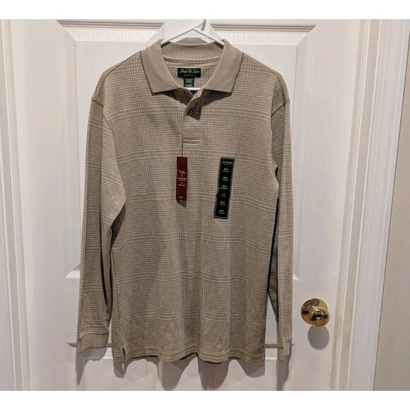 David Taylor Size Small NWT Cream & Tan Jacquard Long Sleeve Polo Shirt - Picture 1 of 10
